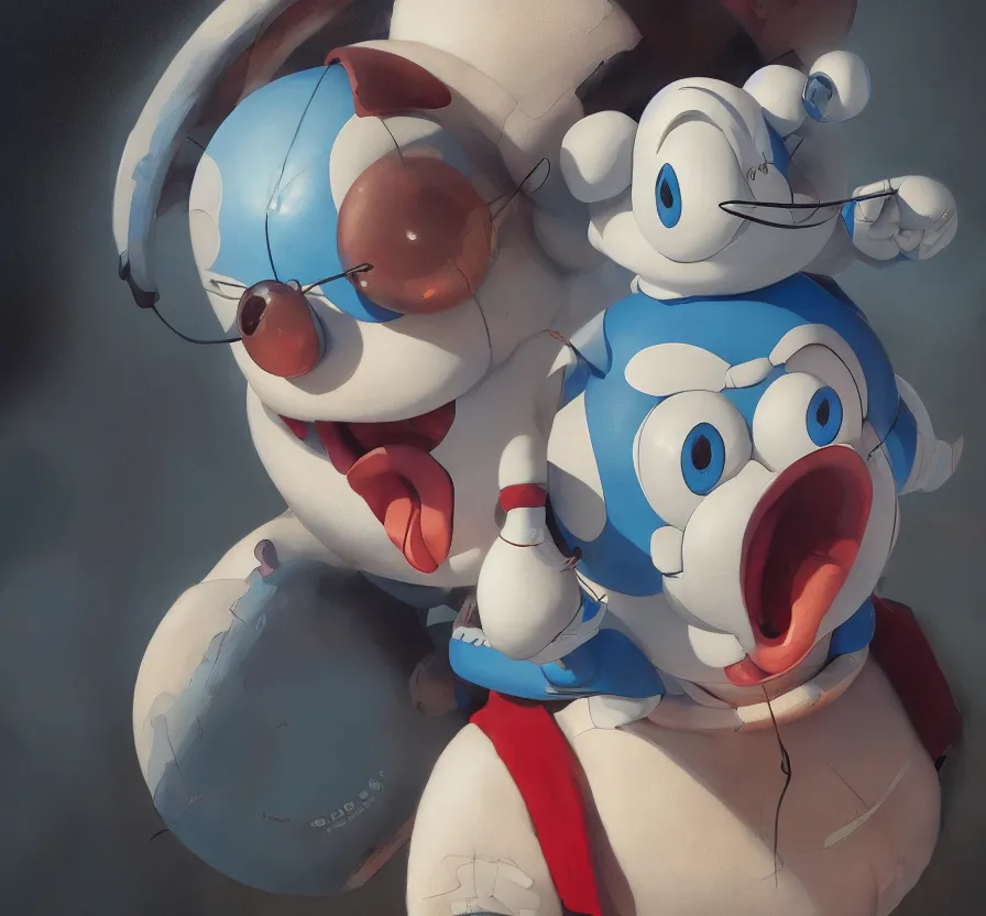 Image similar to hyper realistic portrait of doraemon, symmetric cinematic, artstation, cgsociety, full head, greg rutkowski, james gurney, mignola, craig mullins, brom