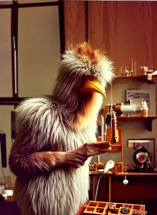 Image similar to realistic photo of a a hairy furry fluffy birdman, very long beak, in a living room sci - fi laboratory with many wooden gadgets made of wood interior is made of wood 1 9 9 0, life magazine reportage photo, natural colors