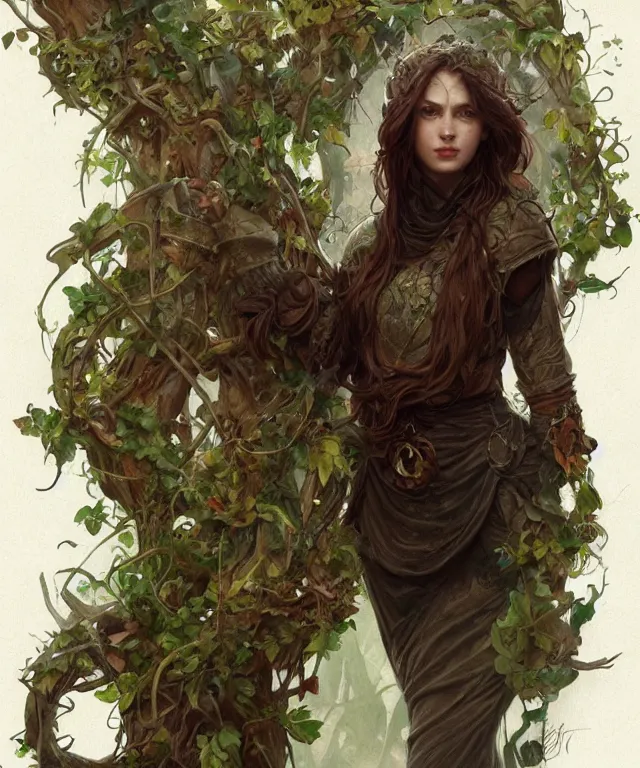 Prompt: a woman druid wearing leaf and vine themed clothing, fully clothed, pet animal, D&D, fantasy, intricate, cinematic lighting, highly detailed, digital painting, artstation, concept art, smooth, sharp focus, illustration, art by Artgerm and Greg Rutkowski and Alphonse Mucha