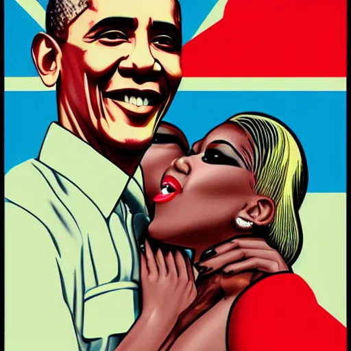 Image similar to barack obama hugging nicki minaj from behind, soviet colored propaganda poster, highly detailed illustration