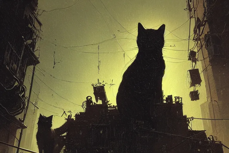 Image similar to A cat in the matrix, moody scene, highly detailed, intricate, sharp details, dystopian mood, by Victo ngai, David Rubín, Mike Mignola, Laurie Greasley, gaston bussiere, craig mullins, somber lighting, drawn by Giacomo Burattini, inspired by graphic novel cover art, 8k by RHADS