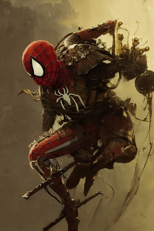 Image similar to , legendary spiderman, heroic fighter, decorative ornaments, battle armor, by carl spitzweg, ismail inceoglu, vdragan bibin, hans thoma, greg rutkowski, alexandros pyromallis, perfect face, sharply focused, sharply detailed, centered, realistic shading