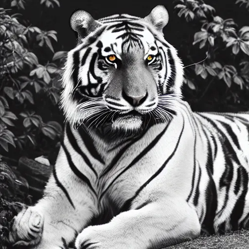 Prompt: rising silent star posing with a tiger in a garden, 1 9 2 0 s photography, trending on unsplash, black and white photography, intricately defined, complexly detailed, 4 k photorealism, golden ratio!!!!!, centered!!!!!