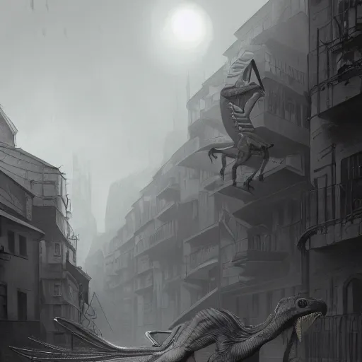 Prompt: a detailed matte painting of a cyborg nazi velociraptor in nazi occupied france, 8 k, artstation, art in a noir crime novel style