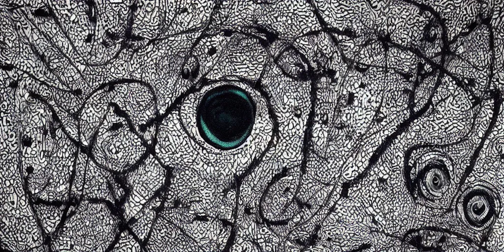 Image similar to camo of eyes, technical, acrylic, teeth, eerie, tribal, clay, dots, lines, stipple, points, grid, cybernetic, old painting, francis bacon art, swirly eyes, hypnosis, eerie, terror, oil, neon, black and white, splotches