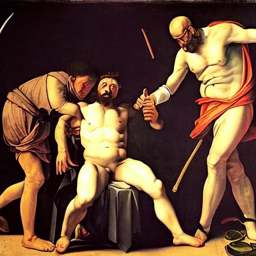 Prompt: the end of man with 2 1 savage apocalypse by caravaggio