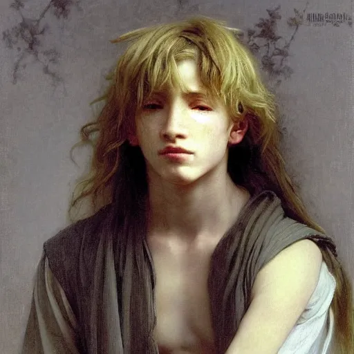 Prompt: a teen boy with long shaggy blonde hair crying angry tears. Face contorted with emotion. Eyes brimming with tears. By Bouguereau. Ruan Jia. Ayami Kojima. Masterpiece