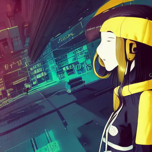 Image similar to Frequency indie album cover, luxury advertisement, yellow filter. Clean and detailed post-cyberpunk sci-fi close-up schoolgirl in asian city in style of cytus and deemo, blue flame, relaxing, calm and mysterious vibes, by Tsutomu Nihei, by Yoshitoshi ABe, by Ilya Kuvshinov, by Greg Tocchini, nier:automata, set in half-life 2, Matrix, GITS, Blade Runner, Neotokyo Source, Syndicate(2012), dynamic composition, beautiful with eerie vibes, very inspirational, very stylish, with gradients, surrealistic, dystopia, postapocalyptic vibes, depth of field, mist, rich cinematic atmosphere, perfect digital art, mystical journey in strange world, beautiful dramatic dark moody tones and studio lighting, shadows, bastion game, arthouse