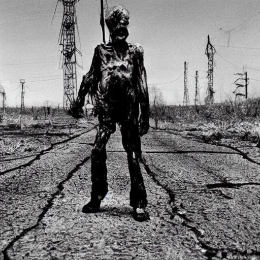 Prompt: real life irradiated walking zombie 1950s nuclear wasteland black and white award winning photo highly detailed, highly in focus, highly life-like Arriflex 35 II, by stanley kubrick