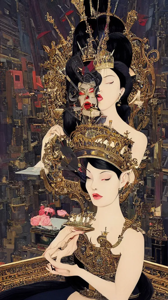 Image similar to a beautiful black haired woman with pale skin and a crown on her head sitted on an intricate metal throne new york circa 1 9 8 4 edward hopper and james gilleard, surreal, open ceiling, highly detailed, airbrush, ilya kuvshinov, wlop, stanley artgerm, very coherent, art by takato yamamoto and james jean