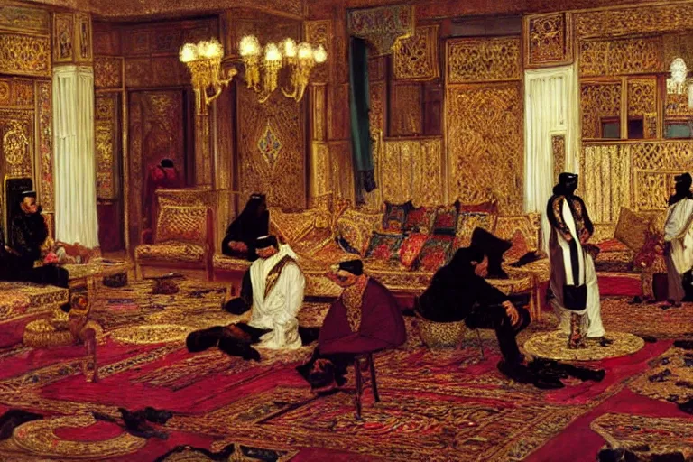 Prompt: The Sultan Entertains his Guests in an Opulent Arabian Salon, art by Rudolf Ernst and Osman Hamdy Bey and Jean-Léon Gérôme