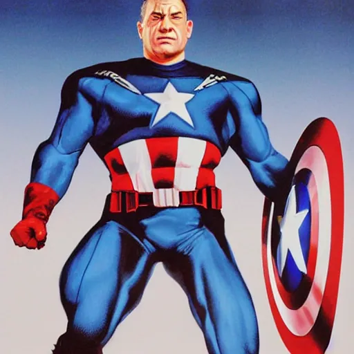 Image similar to Benjamin Netanyahu as Captain America by Alex Ross, detailed, full body