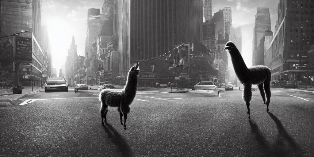 Image similar to a llama walking away from the camera into a desolate manhattan city street at night, statue of liberty seen in the background, realistic 4 k octane beautifully detailed render, 4 k post - processing, highly detailed, detailed face, intricate complexity, epic composition, magical atmosphere, cinematic lighting, masterpiece, ultra hd