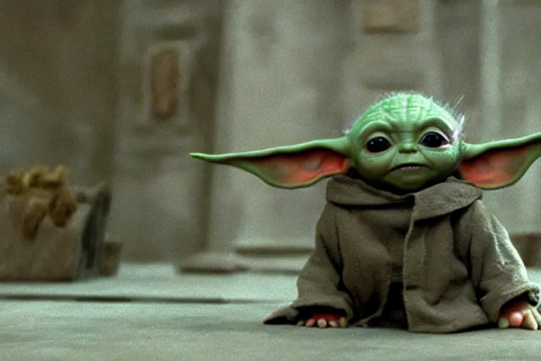 Image similar to promotional image of Baby Yoda (viewed from behind) standing in front of the Mirror of Erised in Harry Potter and the Philosopher's Stone (2001), movie still frame, promotional image, imax 70 mm footage