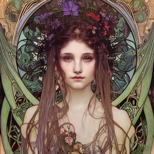 Prompt: realistic detailed face portrait of a beautiful young swamp witch with sacred lotus flowers in her hair by Alphonse Mucha, Ayami Kojima, Amano, Charlie Bowater, Karol Bak, Greg Hildebrandt, Jean Delville, and Mark Brooks, Art Nouveau, Neo-Gothic, gothic, rich deep moody colors