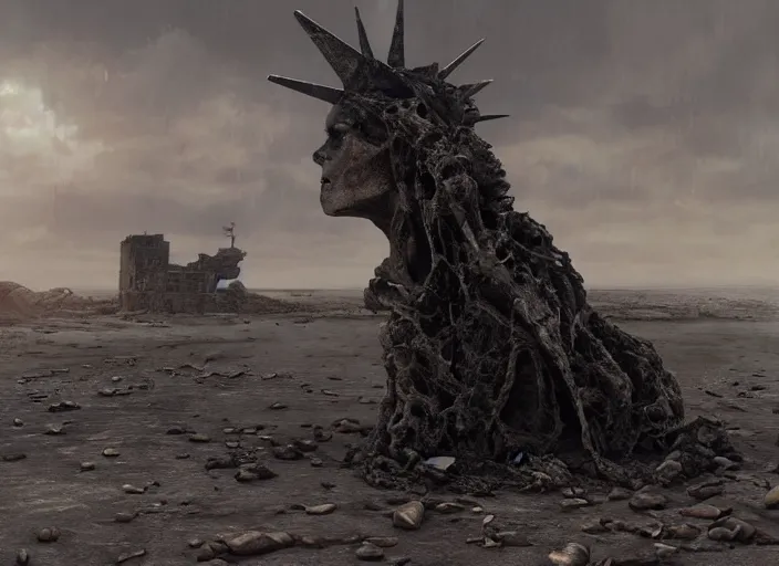 Image similar to a Photorealistic dramatic hyperrealistic render of a ruined destroyed decayed statue of liberty on a desolate beach in a post-apocalyptic world, futuristic nuclear apocalyptic planet of the apes vibe, by WLOP and Artgerm and Greg Rutkowski and Alphonse Mucha, Beautiful dynamic dramatic dark moody lighting, shadows, cinematic atmosphere, Artstation, concept design art, Octane render, 8K, masterpiece