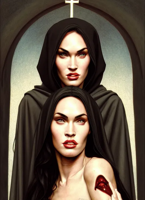 Prompt: portrait of megan fox as a nun with vampire bitemarks, catholic, church, bible, christian, intricate, headshot, highly detailed, digital painting, artstation, concept art, sharp focus, cinematic lighting, illustration, art by artgerm and greg rutkowski, alphonse mucha, cgsociety