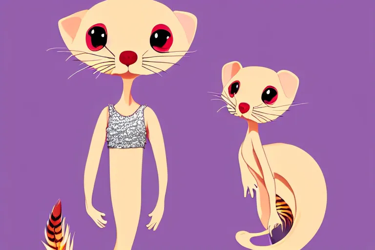 Prompt: detailed flat 2 d : female ferret character : wearing diamonds : wearing a sequins sexy dress : wearing feathers : wearing stiletto : head torso legs feet : lorax movie : artstation