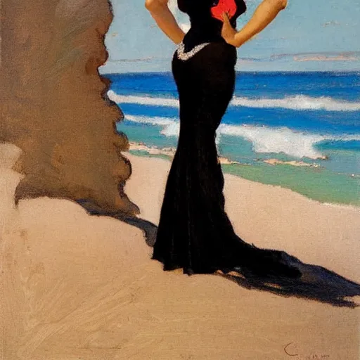 Image similar to woman on the beach, black dress, part leyendecker style, part dean cornwell style