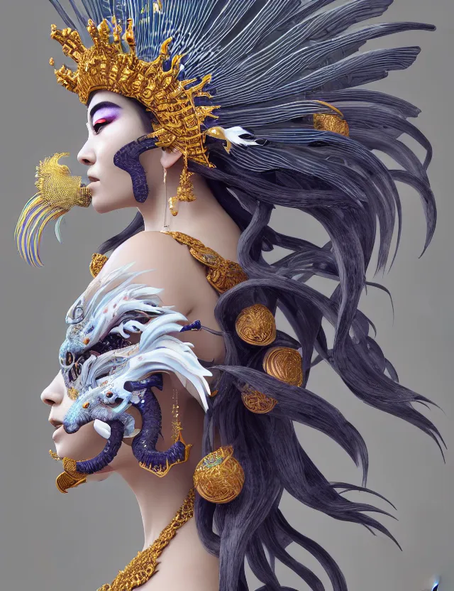 Image similar to 3 d goddess close - up profile portrait with crown, ram skull. beautiful intricately detailed japanese crow kitsune mask and clasical japanese kimono. betta fish, jellyfish phoenix, bio luminescent, plasma, ice, water, wind, creature, artwork by tooth wu and wlop and beeple and greg rutkowski