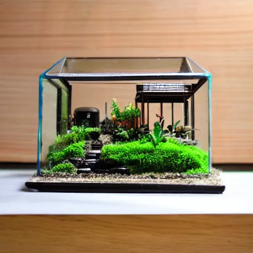 Image similar to a terrarium with a nuclear power plant diorama inside on top of a minimalist table, lit from the side