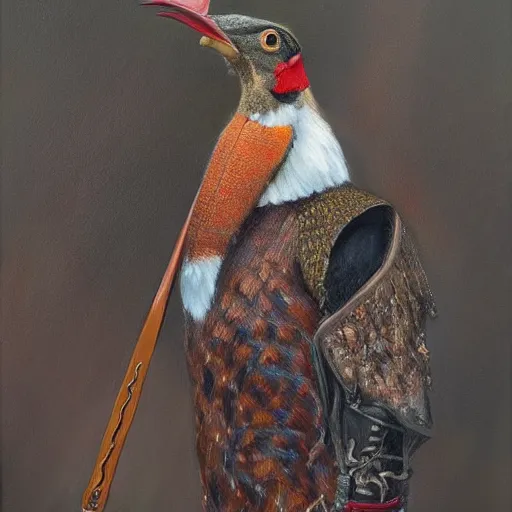 Image similar to Pheasant with sword on the belt, by lily seika jones , rivuletpaper art, very detailed, oil painting, harsh fairy tale, soft style, hyperrealism, beautiful, high resolution, trending on artstation, steps 50