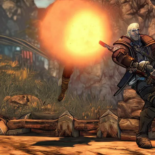 Prompt: Geralt of Rivia in Borderlands 2, screenshot, pc game