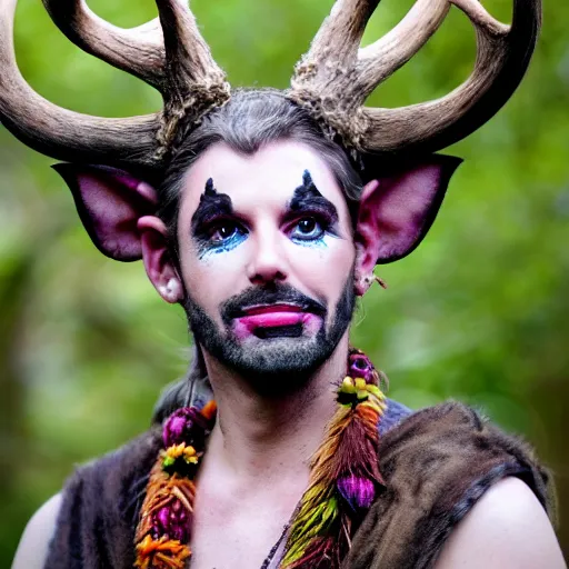 Prompt: tiefling druid with deer antlers growing out of their head and large tribal jewelry and face paint