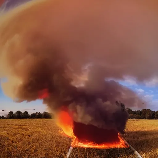 Image similar to fisheye skate video style photo of a burning building in an empty field, yellow red tones, hyper realistic, wide, wheat blowing in the wind