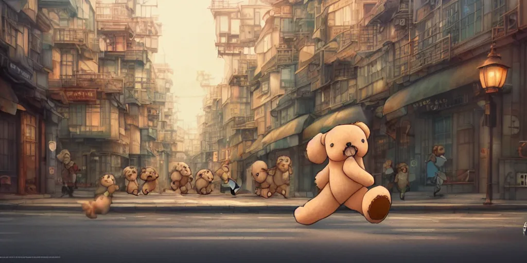 Prompt: lab to create a cute teddy bear running through a city street, natural lighting, playful color scheme, intricate details, matte painting, illustration, by hayao miyazaki