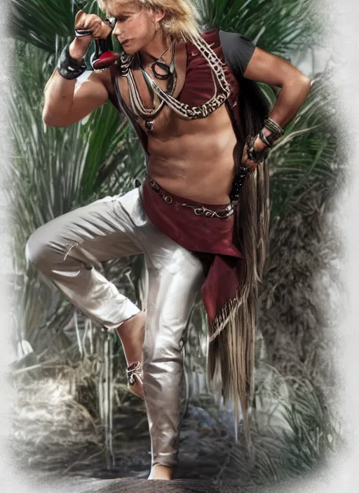 Image similar to a male ranger with a bongo drum and holding nunchaku, wearing a leather vest and white linen pants, chiseled good looks, long swept back blond hair, puka shell necklace, dnd, digital art