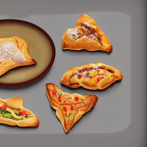 Prompt: concept art full isometric view of a plate with three delicious turnovers with glazing in the style of pixar and disney, octane render, cinema 4 d