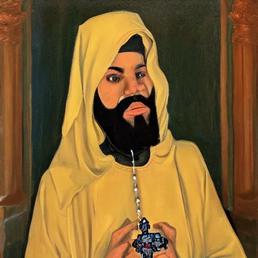 Prompt: a robot who wears muslim clothes, has a long beard, holds a rosary, and wears an arab abaya, oil painting