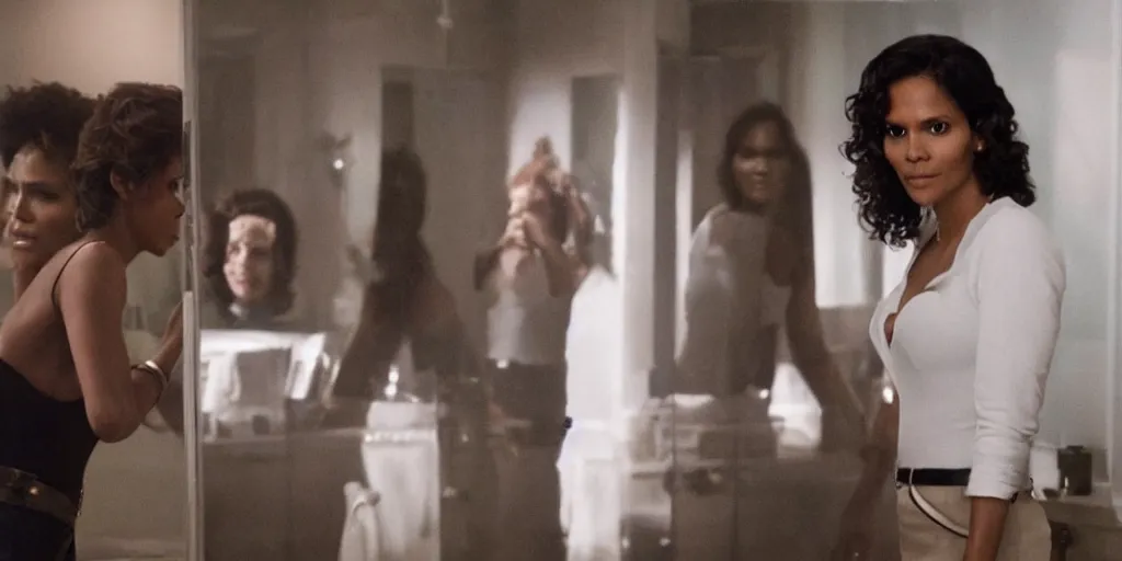 Prompt: ultra wide angle photo of halle berry dressed in a white blouse and black dress pants as diana prince looking at herself in a bathroom mirror and seeing her reflection as wonder woman