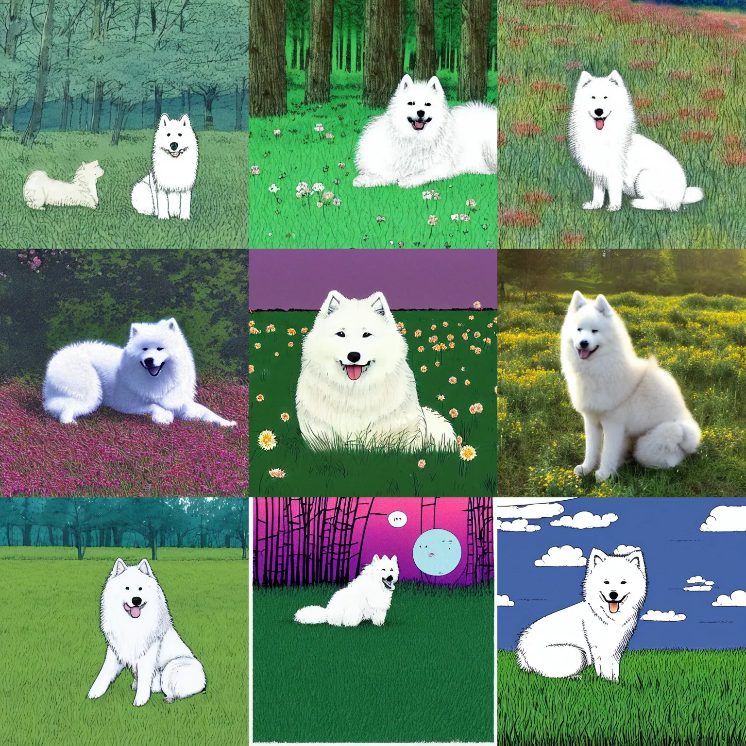 Prompt: a samoyed dog sitting in the middle of sunny meadow, colored, by Inio Asano