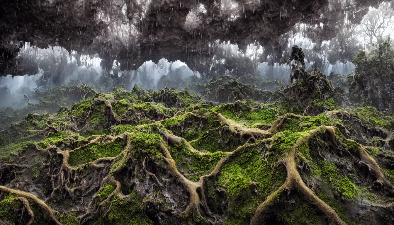 Image similar to wet expansive caves with growing fungal mycelium biodiversity ,deep boiling pools of water reflecting the surfaces around them , small cities emerge in between the rock formations, dramatic dusk sun illuminates areas , volumetric light ,detailed entangled fibres carpet the fallen rocks , tree roots puncture and crack rocks , stormy clouds gather in the distance ,full colour , upscale , 8k