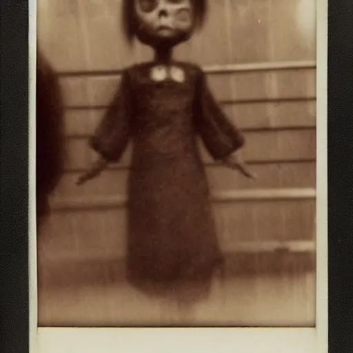 Image similar to aged polaroid photo of a scary doll in a london subway, gloomy, grainy