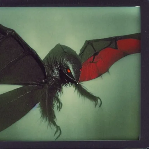 Image similar to Polaroid photo of Mothman flying, detailed, with red eyes, dark, brooding, scary