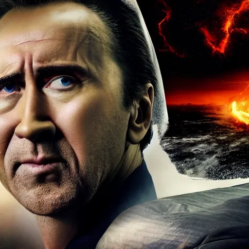 Prompt: the end of the world, shattered earth, judgment day, cinematic, disaster movie, 8k UDH, Upon a Pale Horse, starring Nic Cage, sly smile