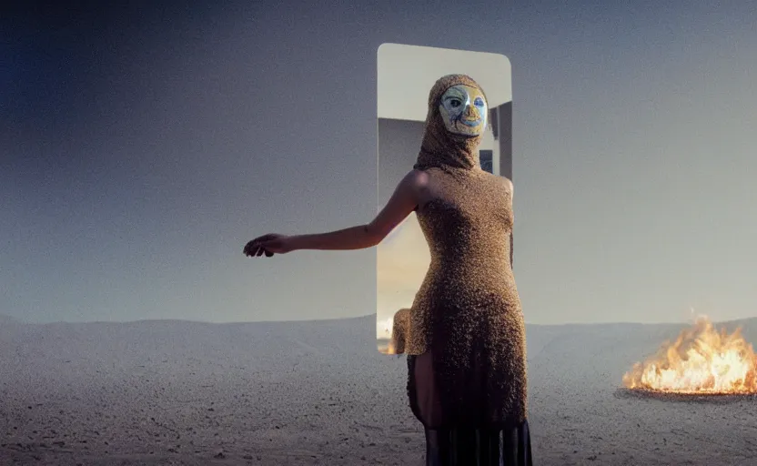 Image similar to levitating bene gesserit with fractal mirror dress with white flowers and fullface golden mask inside a thick black smoke in rocky desert landscape, sand alien city in the landscape, burning earth by gaspar noe and christopher doyle, anamorphic lens, anamorphic lens flares, kodakchrome, cinematic composition, practical effects, award winning photo, 8 k