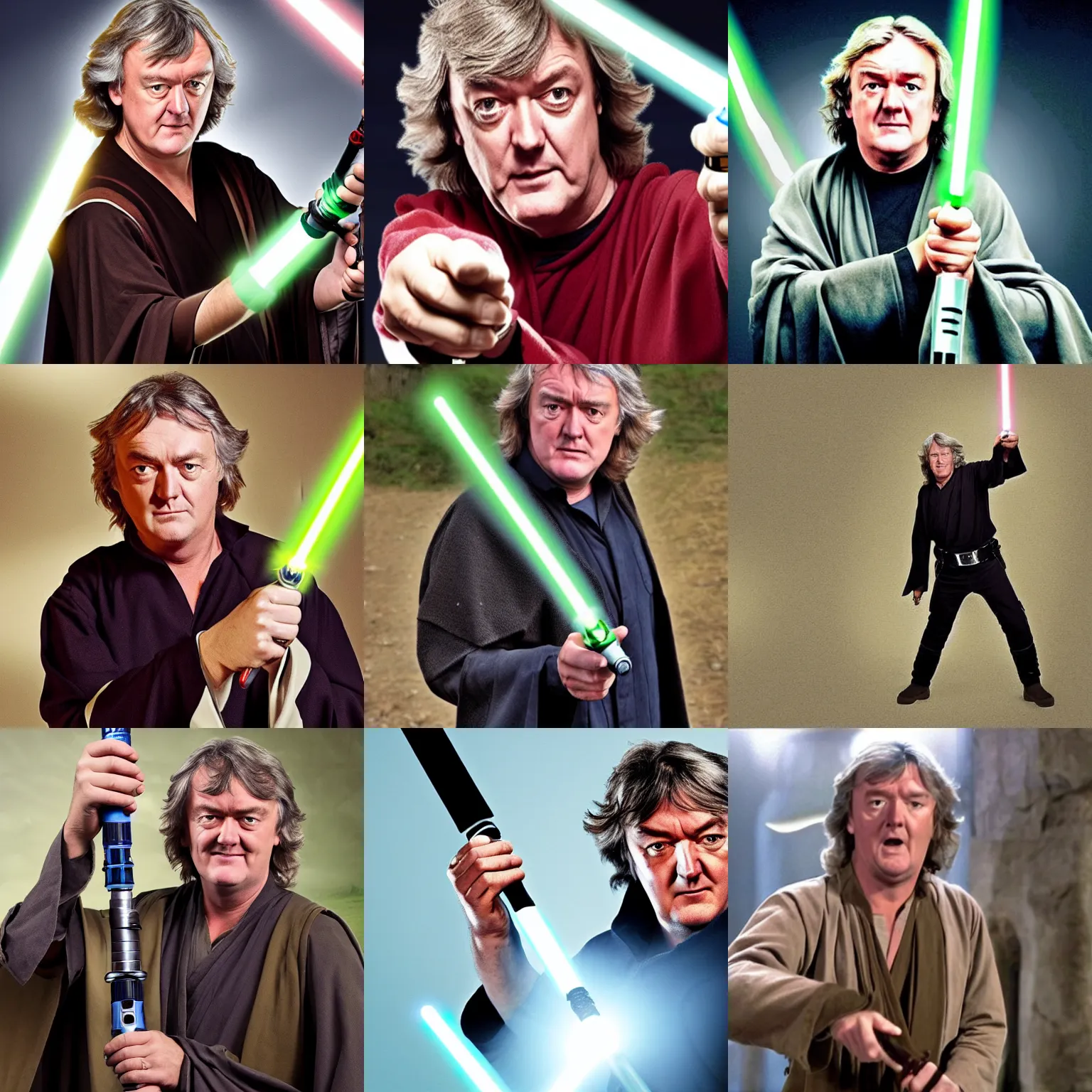 Prompt: James May as a Jedi master with a lightsaber prepared to fight