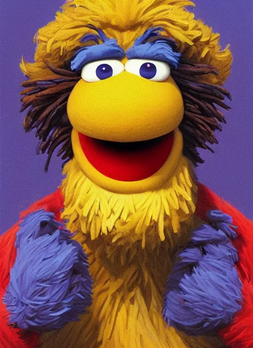 Image similar to portrait of Grover from Sesame Street in Society (1989), highly detailed, centered, solid color background, digital painting, artstation, concept art, smooth, sharp focus, illustration, donato giancola, Joseph Christian Leyendecker, Les Edwards, Ed Repka, Basil Gogos, WLOP, Artgerm