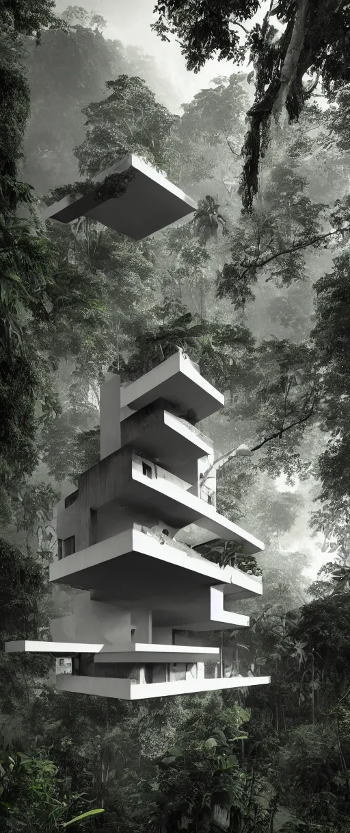 Image similar to architecture inspired by le corbusier in the rainforest. nature is taking over. upside down. metabolism. matte painting. octane render. hdr. volumetric lighting. global illumination. atmospheric. photorealistic. color scheme black and white.