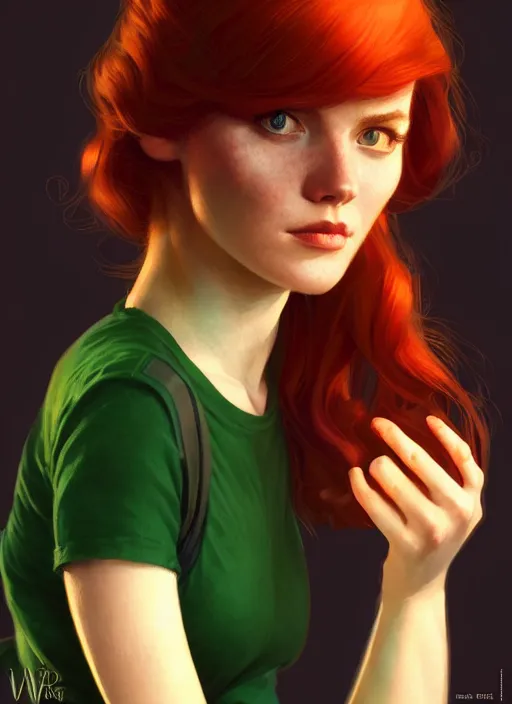 Prompt: portrait of mary jane watson, red hair, green eyes, black tanktop, intricate, elegant, glowing lights, highly detailed, comic style, artstation, concept art, smooth, sharp focus, illustration, art by wlop, mars ravelo and greg rutkowski