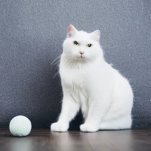 Prompt: A beautiful photo of a white cat playing with yarn ball, Photography , Long-range shots