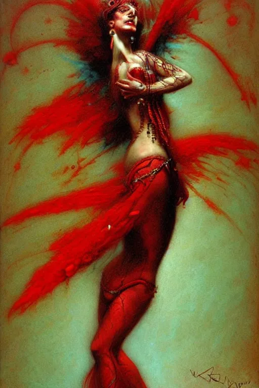 Image similar to red and turquoise raving bellydancer in the style of wayne barlowe, gustav moreau, goward, bussiere, roberto ferri, santiago caruso, luis ricardo falero, austin osman spare