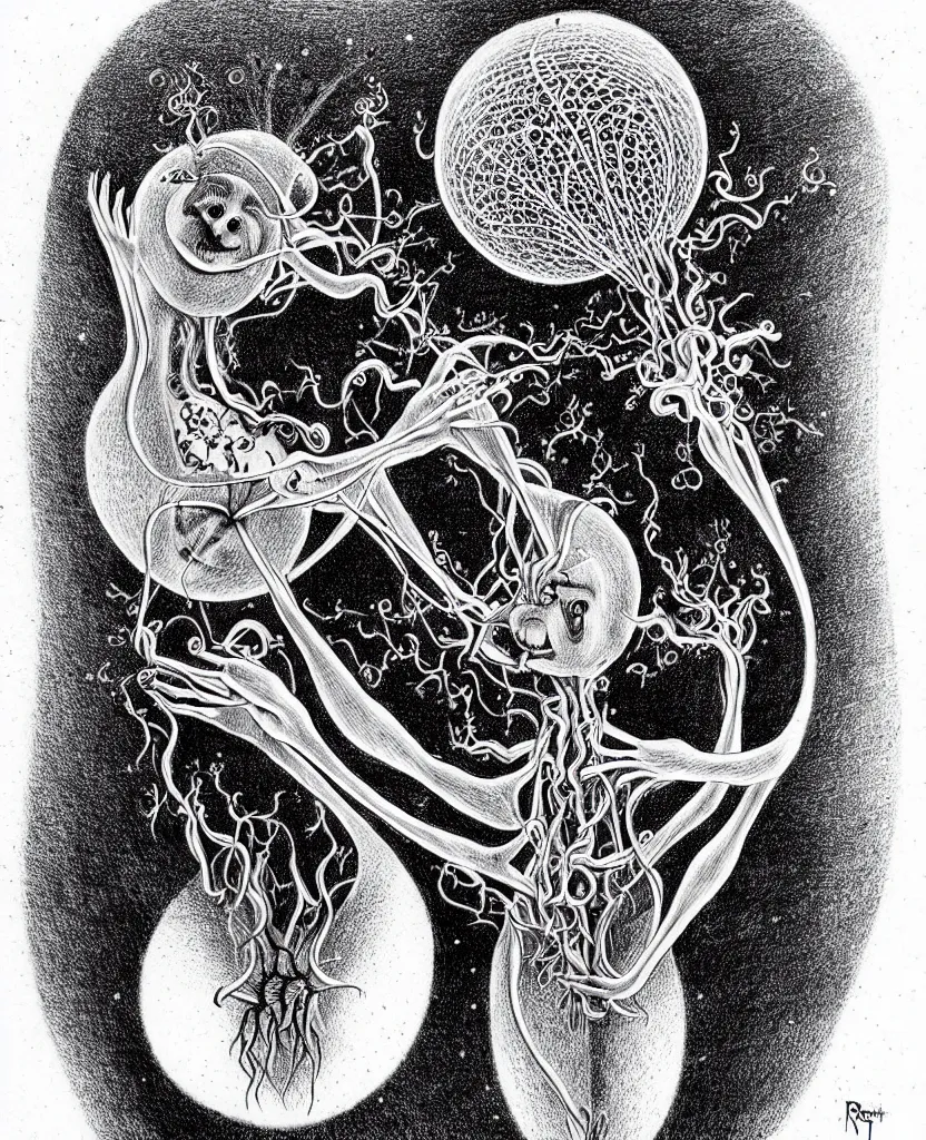 Image similar to whimsical freaky creature sings a unique canto about'as above so below'being ignited by the spirit of haeckel and robert fludd, breakthrough is iminent, glory be to the magic within, ballpoint drawing by ronny khalil