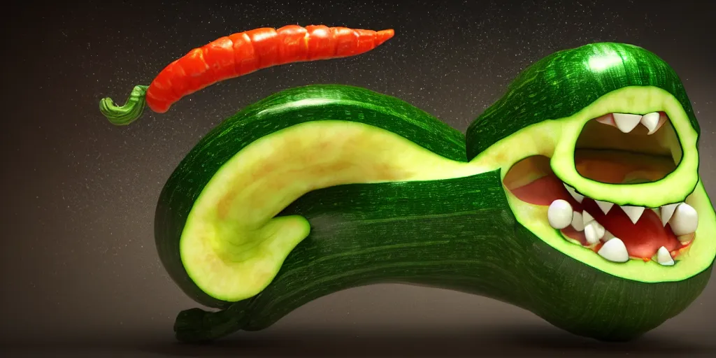 Image similar to detailed 3 d render of a raging zucchini!! character chasing!! down a desperate tomato!, high speed action, explosions, dramatic scene, hyper realistic octane render, cinematic lighting, deviantart, black sky, lowbrow, frame from pixar movie