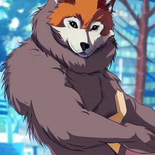 Image similar to key anime visual portrait of a handsome male anthro wolf furry fursona with beautiful eyes, wearing a cool outfit in downtown, official modern animation