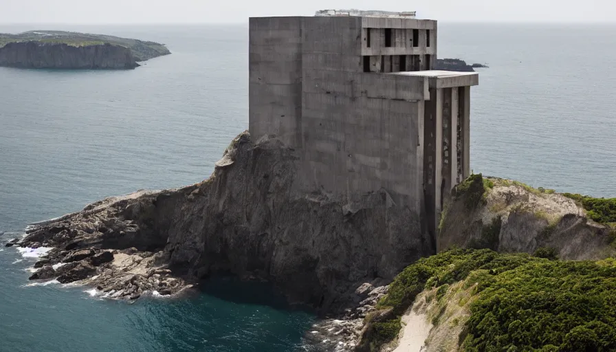 Image similar to big base brutalist perched on a cliff overlooking a magnificient bay, brutalism architecture on cliffs, drawing architecture, pritzker architecture prize, greig fraser